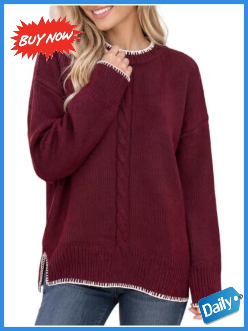 Cable Knit Crew Neck Pullover Sweater Asymmetrical Hem Tunic